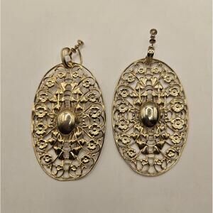 Vintage Large Oval Goldtone Brass Filigree Cutout Flowers Screwback 3" Earrings